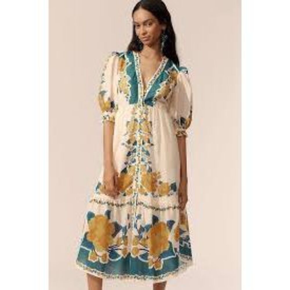 Farm Rio x Anthropologie Puff-Sleeve Printed Midi Dress